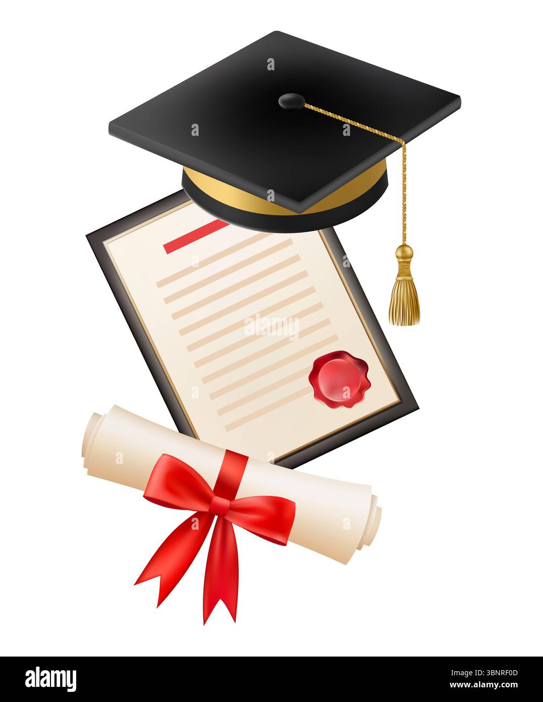 3. Graduiertendiploma Scroll mit Graduiertenhut. Stock Vektor