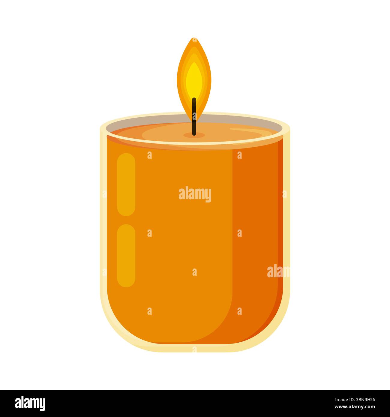 Flache Vektor-Illustration einer einzelnen beleuchteten Kerze in warmem Herbstorange, die ein sanftes Leuchten und eine gleichmäßige Flamme ausstrahlt. Ideal für Entspannung, Komfort und Meditation Stock Vektor