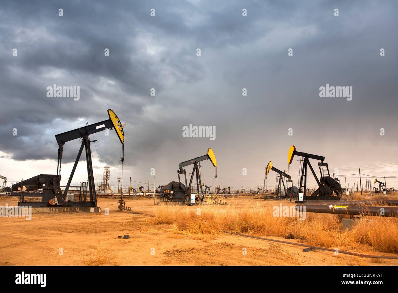 Nickend Esel Pumpen Rohöl aus dem Boden auf einem Ölfeld. Stockfoto