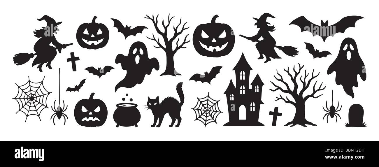 Halloween-Set mit schwarzen Silhouetten von Ikonen isoliert auf weißem Hintergrund, mit Hexe, Geist, Fledermaus und Kürbis. Konzept der gruseligen Dekoration, festlich Stock Vektor