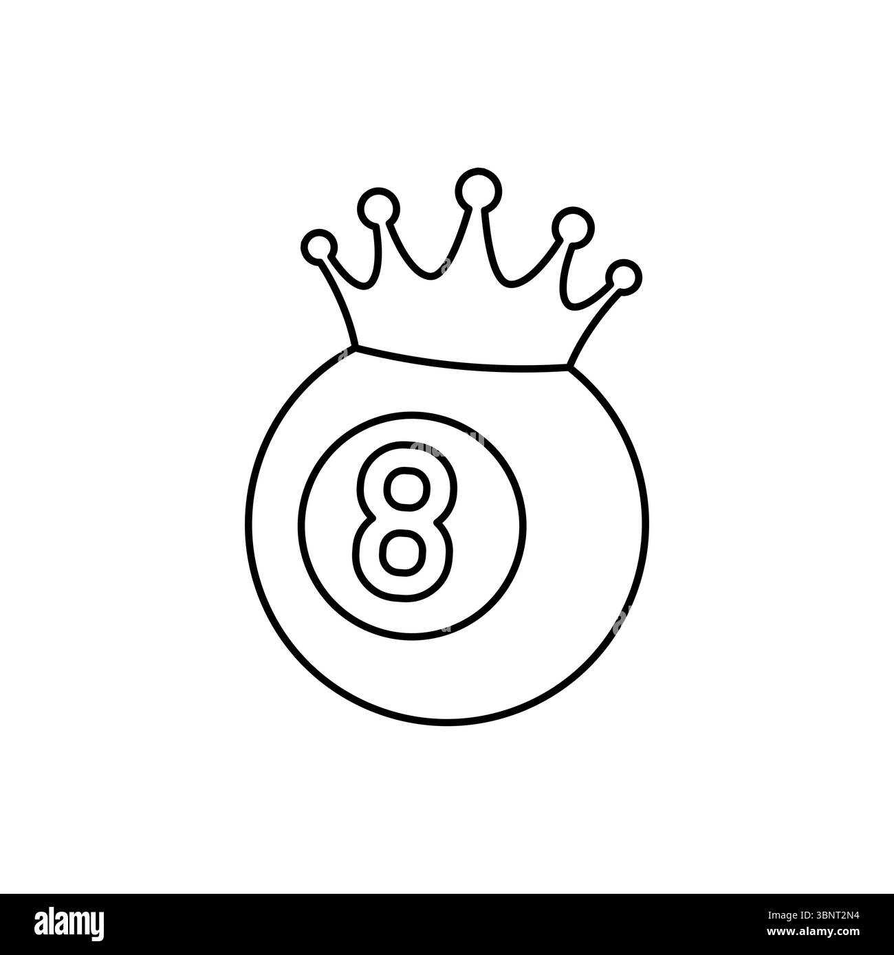 Eine verspielte Umrissdarstellung eines 8-Ball mit einer Krone, ideal für Themen wie Billard, Sieg, Königtum oder skurriles Vermögen. Stock Vektor
