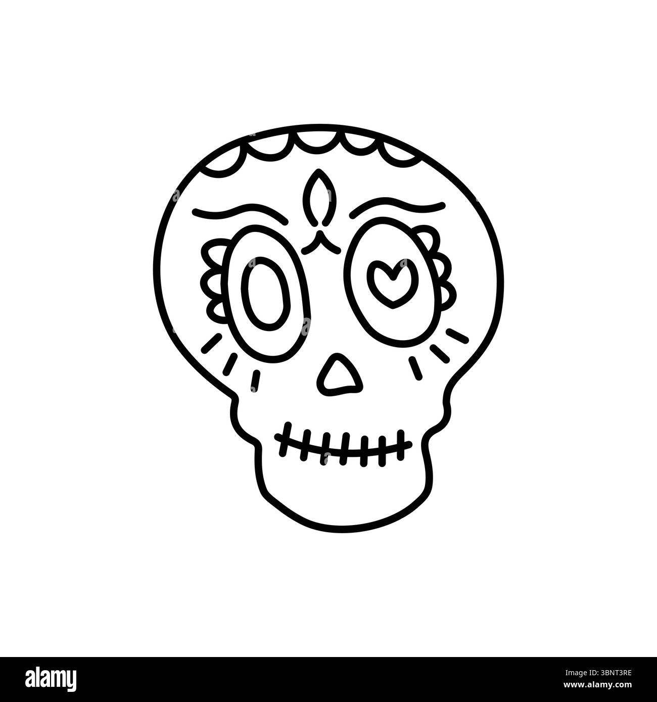 Ein skurriler Vektor-Umriss eines traditionellen Zuckerschädels, perfekt für Day of the Dead oder festliche Designs. Stock Vektor