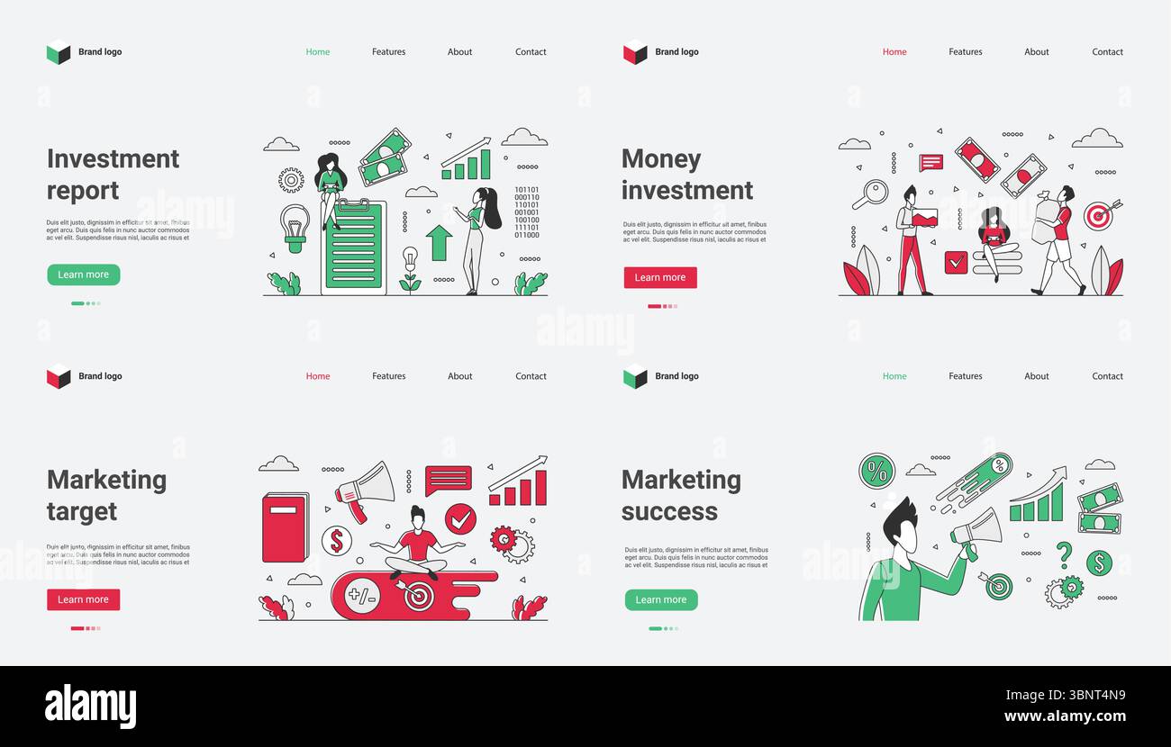 Sehen Sie sich Vektorillustrationen an, die Anlageberichte, Geldinvestitionen und Marketingstrategien umfassen, um Finanzwebsites zu verbessern. Sie stellen kritische Daten visuell ansprechend dar Stock Vektor