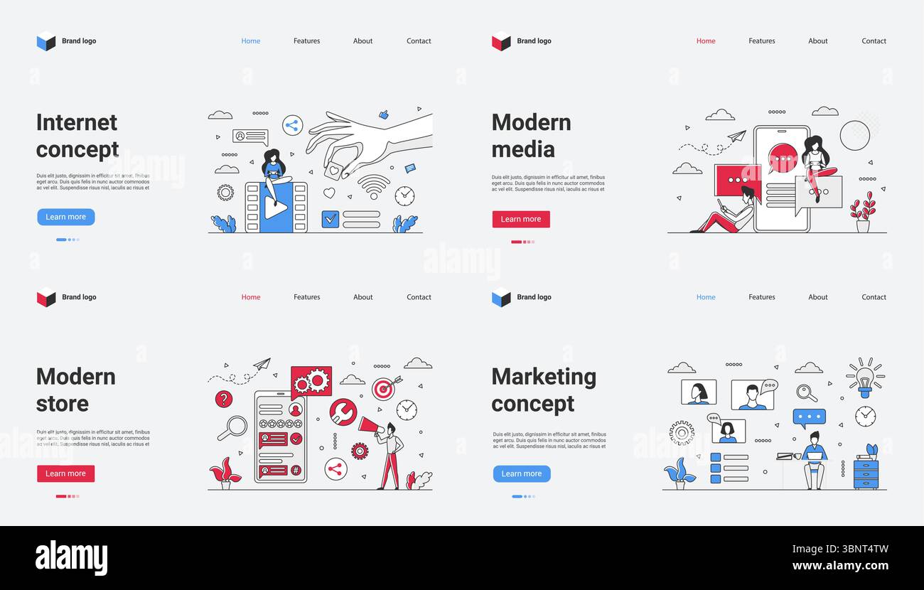 Moderne Webvorlagen zeigen aktuelle Internetkonzepte und -Medien und zeigen Marketingstrategien und Illustrationen im Geschäft hervor, um die Benutzerinteraktion zu verbessern und plattformübergreifende Vielseitigkeit zu bieten Stock Vektor