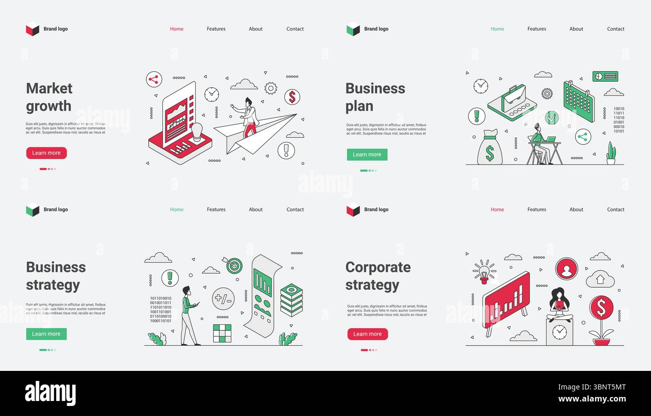 Geschäftsstrategien umfassen Wachstumsvisualisierungen, Plangrafiken, Vorteilslayouts, Investitionsdaten für die Entscheidungsfindung und Vorlagen, um die Erfahrung zu verbessern und wichtige Informationen an Interessengruppen zu übermitteln Stock Vektor