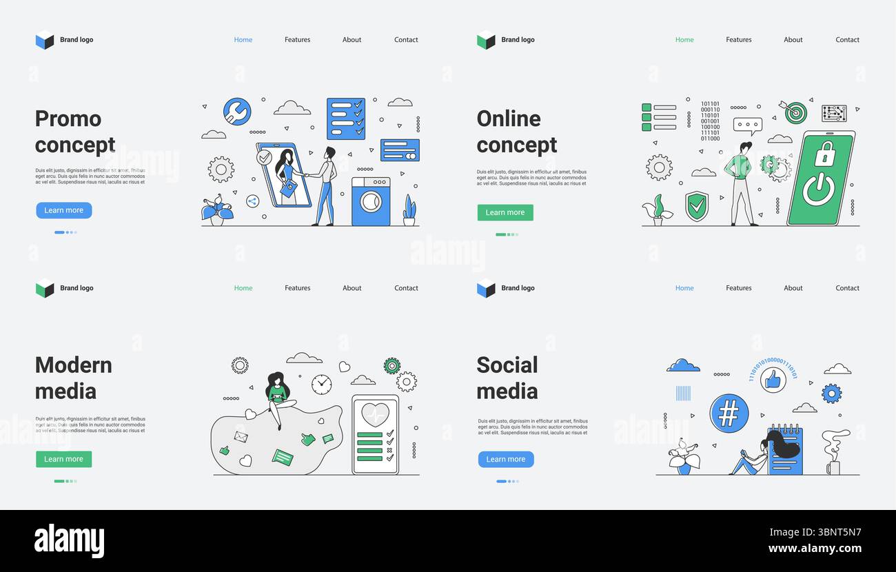 Diese Webvorlage enthält eine sorgfältig gestaltete Vektorillustration, die moderne Konzepte für Werbeaktionen, Online-Plattformen, Social-Media-Marketing und innovative Designlösungen hervorhebt Stock Vektor