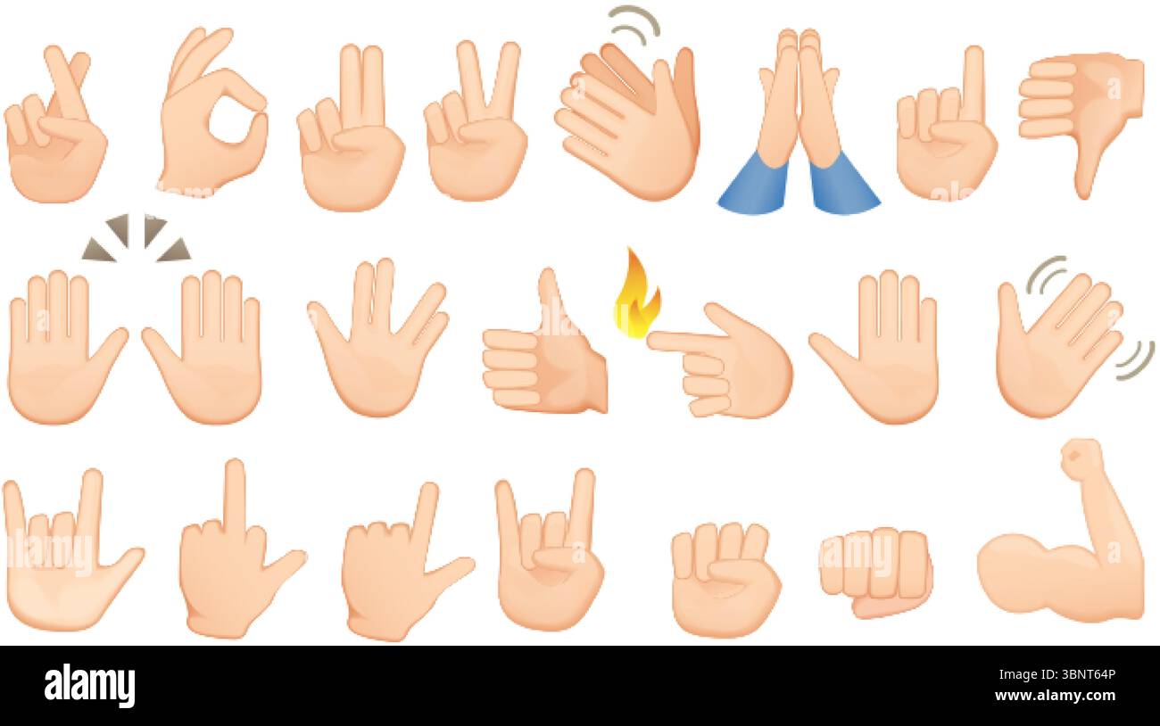 Emoji-Symbole mit weißer Haut. Satz von Handsymbolen und Symbolen. Verschiedene Gesten, Signale und Zeichen Vektordarstellung Stock Vektor