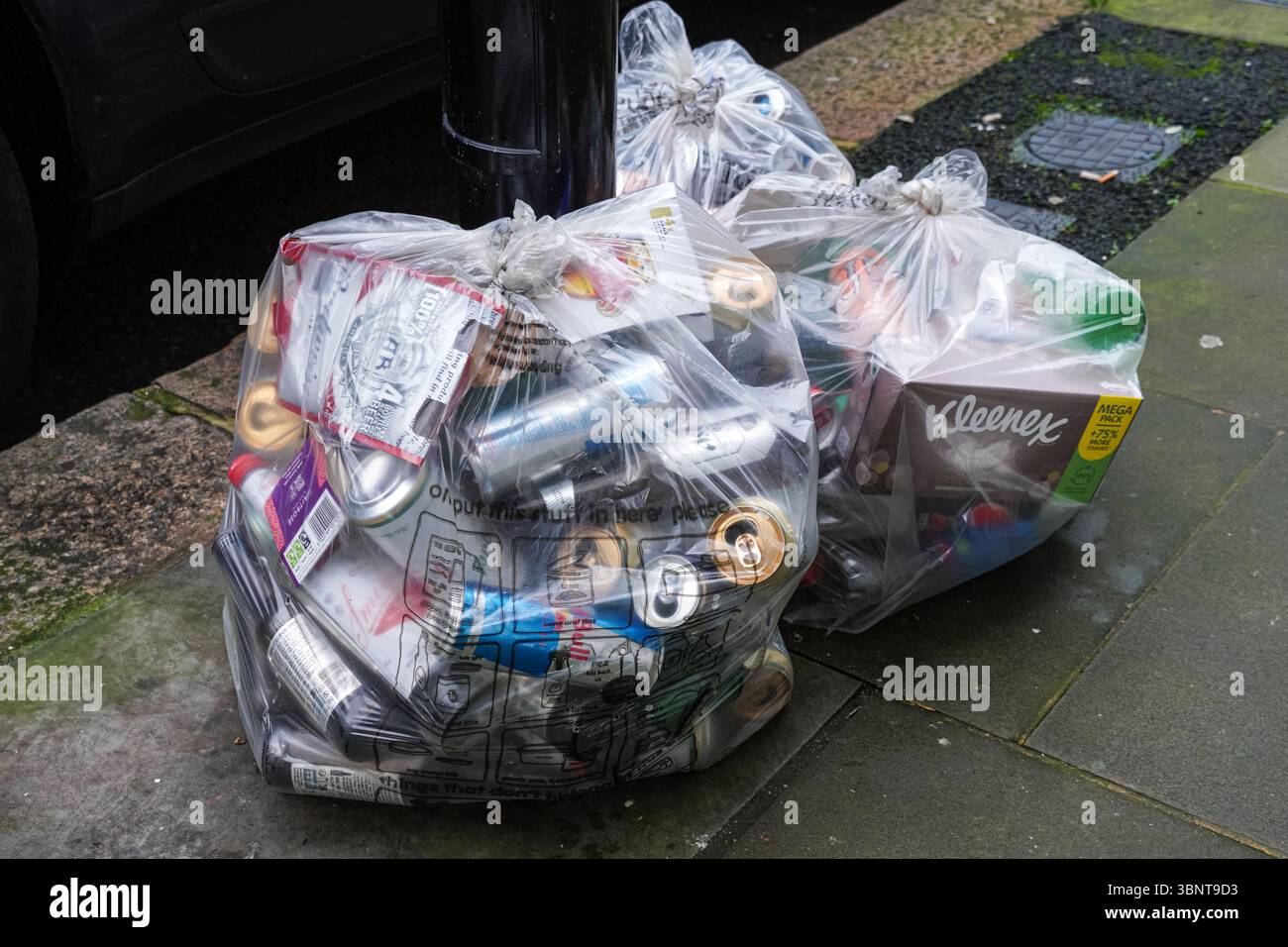 Recycelbare Artikel in transparenten Beuteln, die auf die Abholung warten, London England Großbritannien Stockfoto
