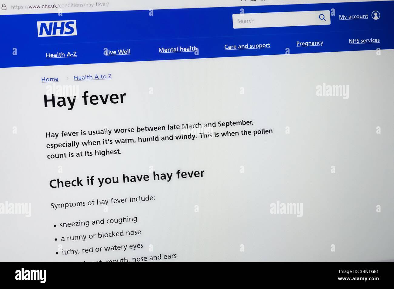 Die NHS-Website mit Informationen über Heuschnupfen Stockfoto