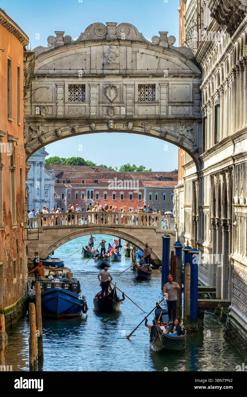 Eine klassische venezianische Szene mit der Seufzerbrücke (Ponte dei Sospiri) in Venedig, Italien. Gondoliere rudern ihre Boote durch den schmalen Kanal Stockfoto Eine klassische venezianische Szene mit der Seufzerbrücke (Ponte dei Sospiri) in Venedig, Italien. Gondoliere rudern ihre Boote durch den schmalen Kanal Stockfoto