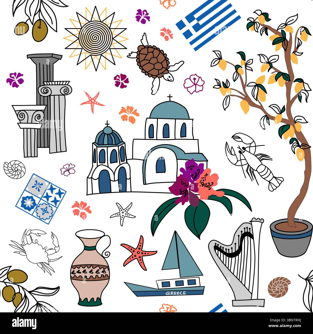 Nahtloses griechisches Muster mit mediterranen Elementen Stock Vektor