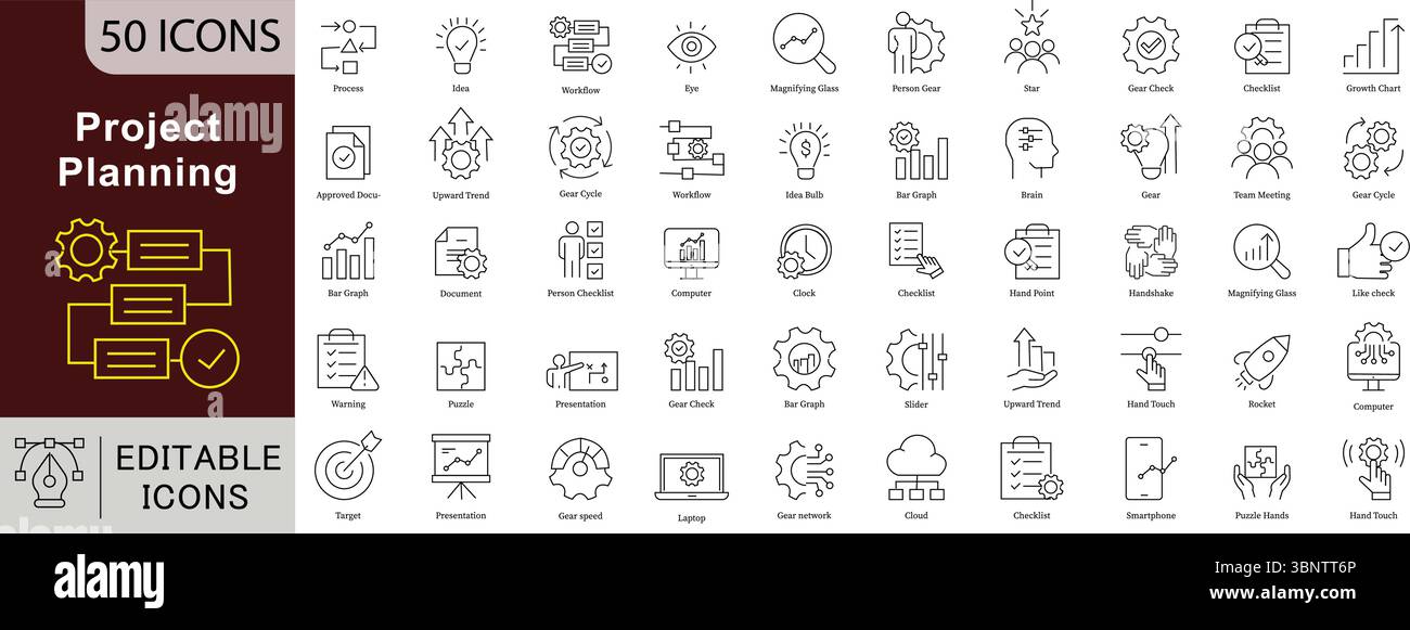 Symbole für Projektplanungslinien: Workflow-, Strategie-, Aufgabe- und Geschäftswachstumsvektoren Stock Vektor