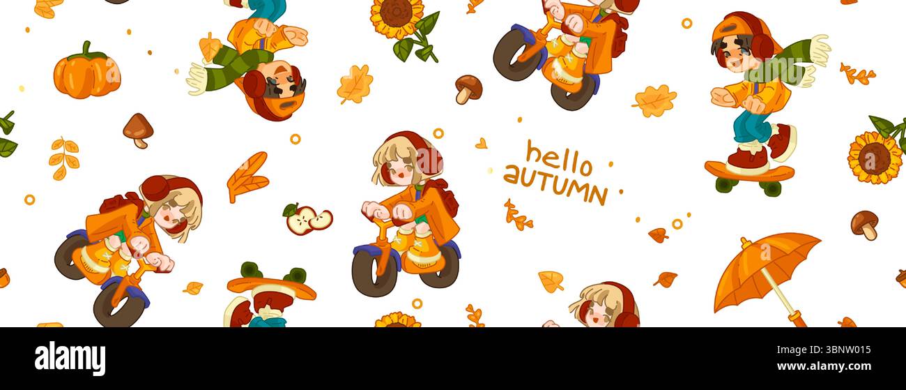 Nahtloses Aktivitätsmuster Für Kinder Im Herbst. Nahtloses Muster mit Zeichentrickkindern auf Fahrrädern und Skateboards, Kürbissen, Sonnenblumen, Pilzen, Blättern und Umb Stock Vektor
