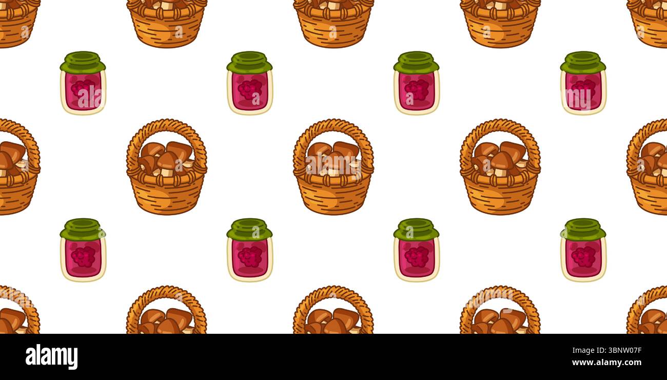 Herbsterntekorb-Jam-Muster. Nahtloses Muster mit Pilzkörben und Beerenkonfitüre in warmen Herbstfarben. Flache Darstellung Stock Vektor