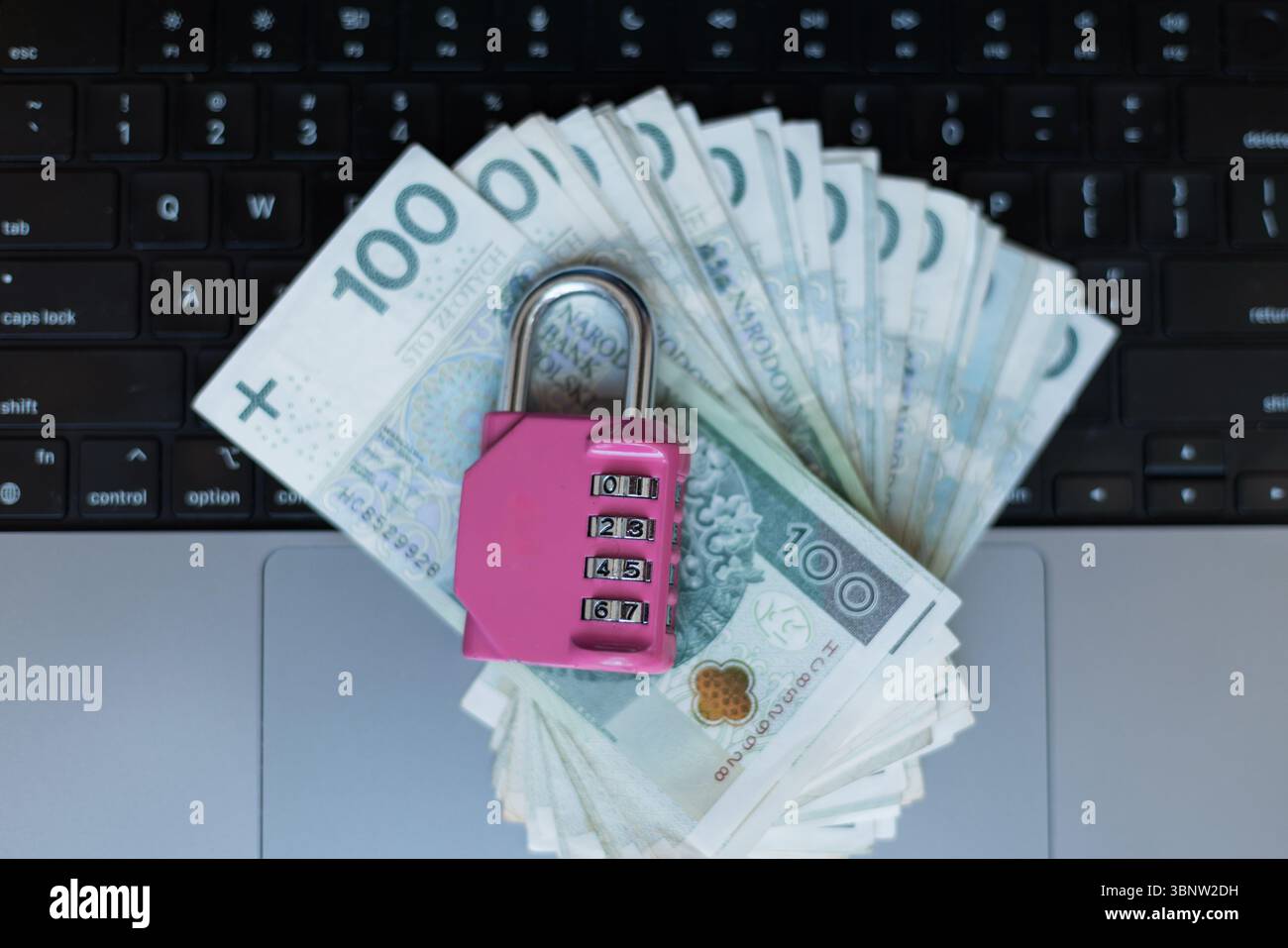 Sicherheitskonzept Für Digitales Finanzwesen. Kombinationssperre Für Polnische Währung Und Laptop-Tastatur. Metapher Für Internet-Banking, Passwortschutz Und Anti- Stockfoto
