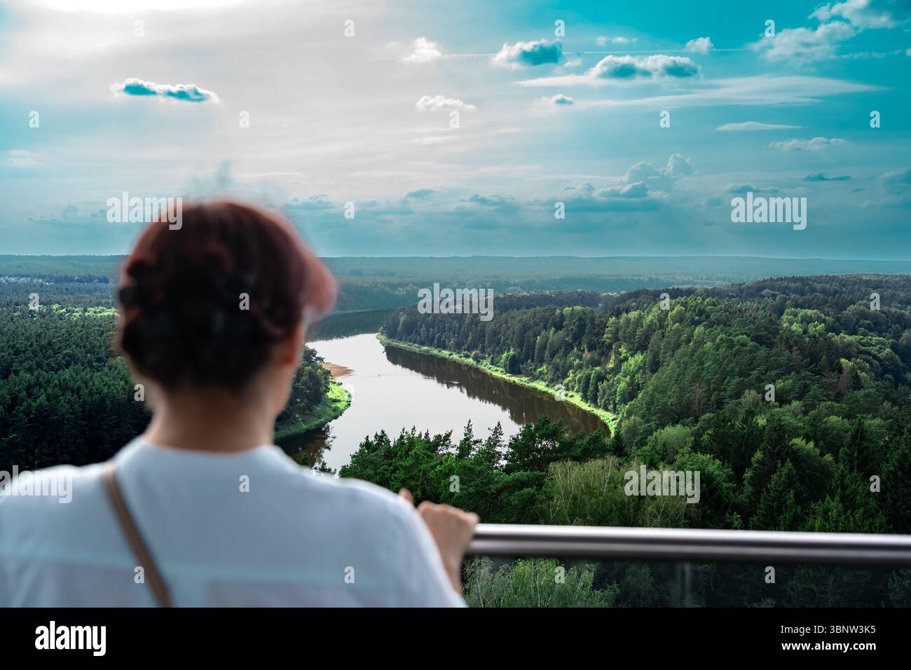 Sommerlandschaft. Eine Frau steht auf einem Hügel und bewundert die herrliche Aussicht auf die Natur. Ein heller Himmel, ein üppiger grüner Wald und ein Fluss. Die Natur Stockfoto
