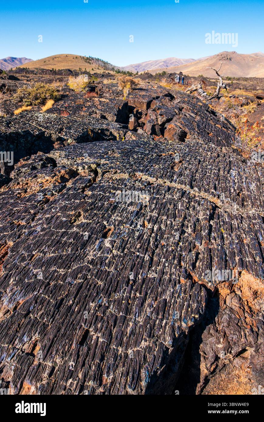 Raue Textur eines Pahoehoe-Lavastroms am Craters of the Moon National Monument in Idaho, das die Kunstfertigkeit der Natur zeigt Stockfoto