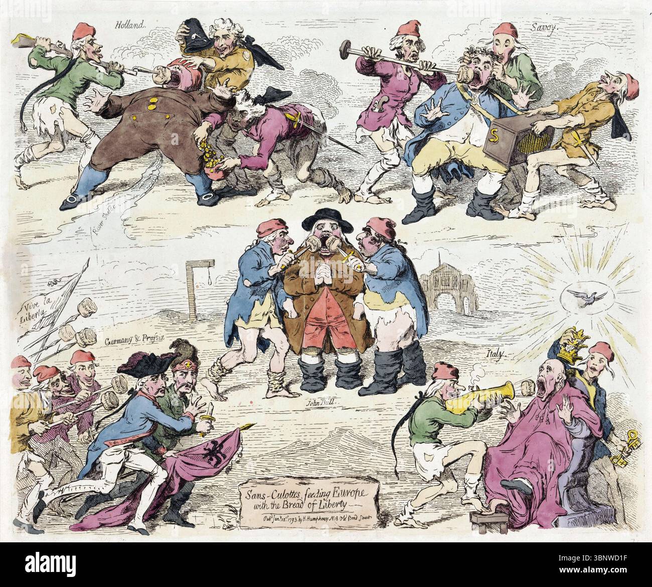 Ein humorvoller Cartoon von James Gillray, der handfarbene Gravur der Sans Culottes, die Europa mit dem Brot der Freiheit füttern, Aquarellätzung auf Papier menschliche Karikaturen Kunstwerk der Georgischen Ära 1793. Der Zeichentrick zeigt Sans-Culottes, Mitglieder der radikalen Arbeiterklasse während der Französischen Revolution, die Brot mit der Bezeichnung "Freiheit" in die Kehle von Vertretern verschiedener europäischer Nationen zwingen. Das Bild ist ein satirischer Kommentar über den Versuch der Französischen Revolution, ihre ideale der Freiheit und Gleichheit in ganz Europa zu verbreiten, oft mit kraftvollen Mitteln Stockfoto