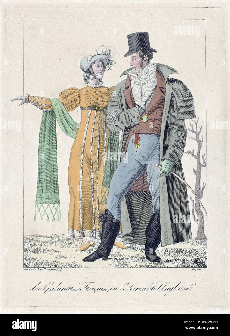Ein Druck der französischen Galanterie und des englischen Charmes Aquarellätzung auf Papier 1810 - 1812 19. Jahrhundert herausgegeben von Jean Baptiste Genty. Antike Vintage Kunstwerke Mode, Kleidung. Das Paar ist elegant im Stil von ca. 1812 angeordnet. Ein französischer Mann trägt den beliebten Carrick-Mantel mit dreifachem Kragen und einer weißen Krawatte, die in einem riesigen Knoten gebunden ist. Die Engländerin trägt einen roten Mantel englischer Herkunft Stockfoto