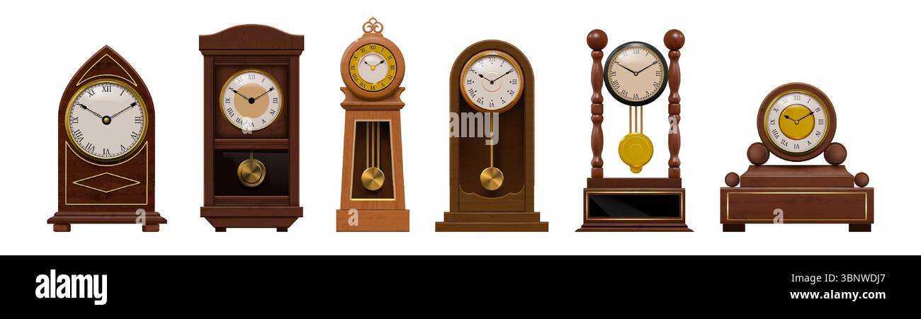 Vintage-Uhr. Großvatermöbel. Alte Pendeluhr an der antiken Innenwand. Pfeil für Zeitmessung im Holzhaus. Klassischer Zeitmesser. Chronometerrad. Luxus-Timer. Vektordesign realistische Objektgruppe Stock Vektor