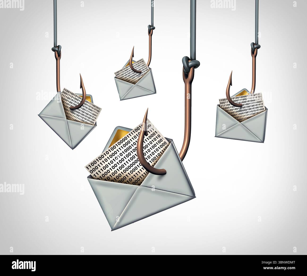 E-Mail-Betrug Phishing-Konzept für Online-Kriminalität, das einen Hacker-Hook zeigt, der mit einem binären Code-Buchstaben angeködert wird, der Datendiebstahl und Online-Betrug durch Cyberkriminalität symbolisiert. Stockfoto