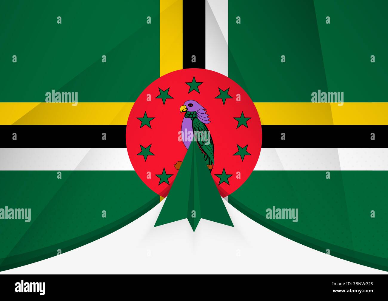 Dominica Flag mit abstraktem Papier Flugzeugdesign, Nationalflagge in geometrisch gefaltetem Papierstil. Vektorabbildung. Stock Vektor