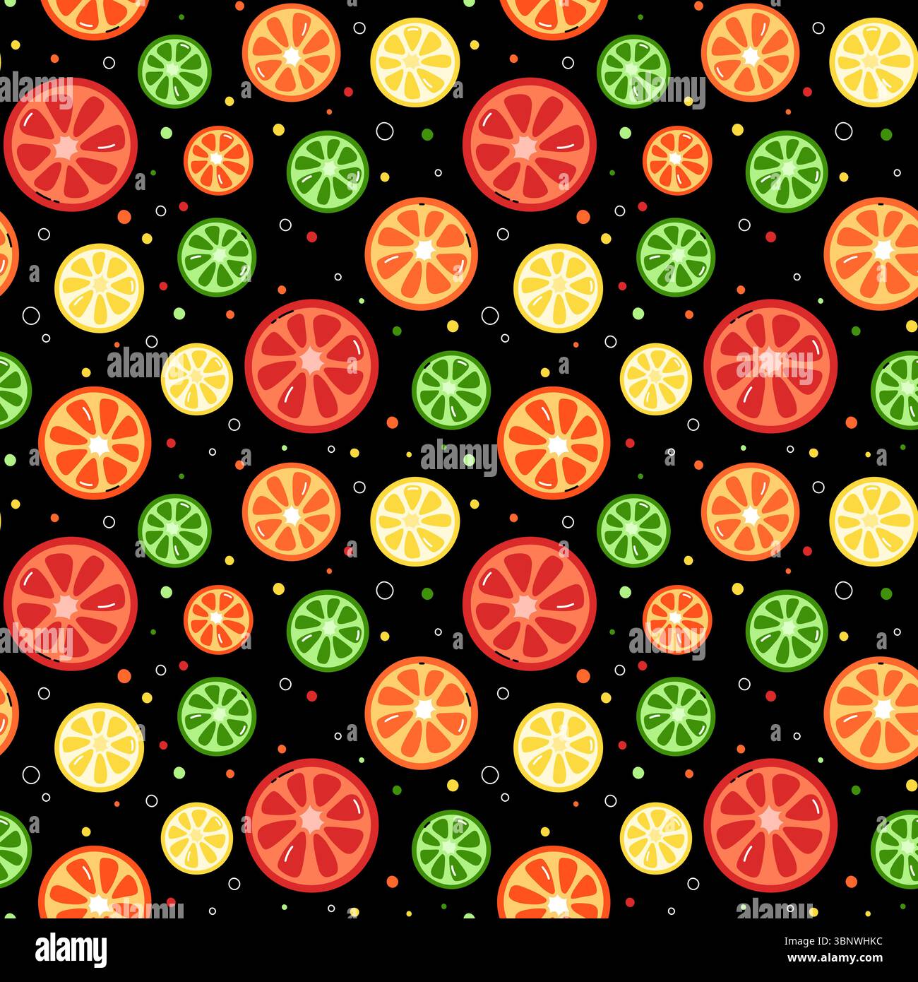 Zitrusmuster. Schwarzer Vektor-Hintergrund mit bunten Scheiben von Orange, Zitrone, Grapefruit und Limette. Sommermotiv mit schlichtem Obst Stock Vektor
