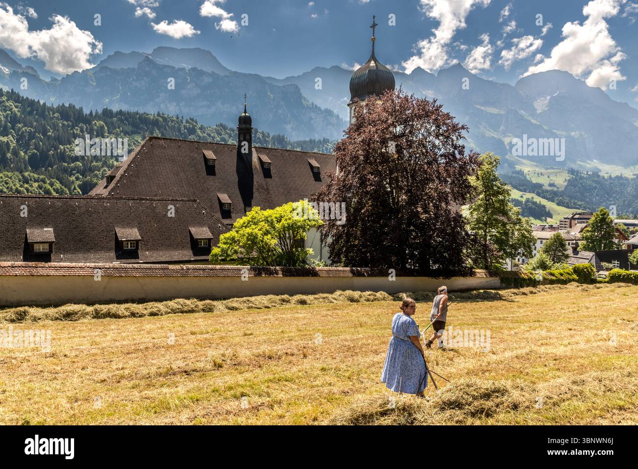 Sommer in Engelberg: Frauen wenden Heu vor den Mauern des Benediktinerklosters in Engelberg. Zwei Personen hacken Heu auf einem Feld vor dem Benediktinerkloster Engelberg in Engelberg, Obwalden, Schweiz. Sie arbeiten an der traditionellen Heuernte, während ein Gleitschirmflieger über die majestätischen Berge im Hintergrund schwingt Stockfoto