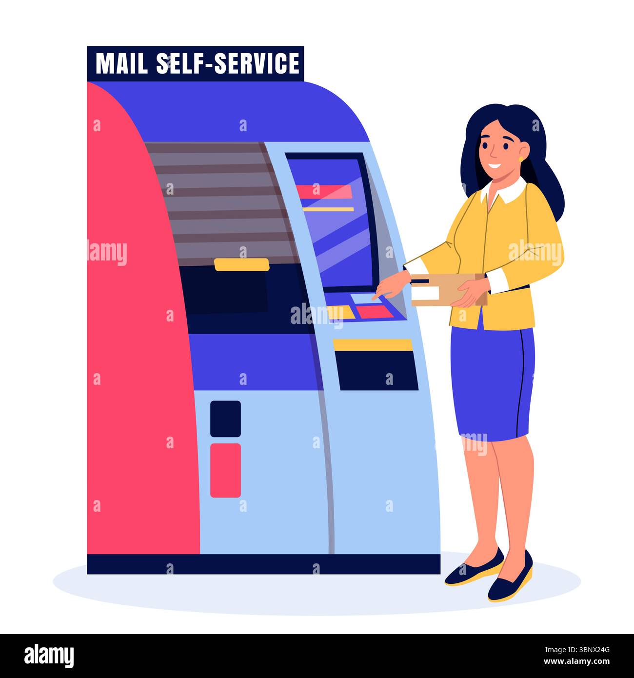 Frau benutzt Selbstbedienungs-Versandfach. Vektorabbildung. Frau mit Briefkasten in der Nähe der automatischen Paketabgabe. Konzept für Delivery Services, ecomm Stock Vektor