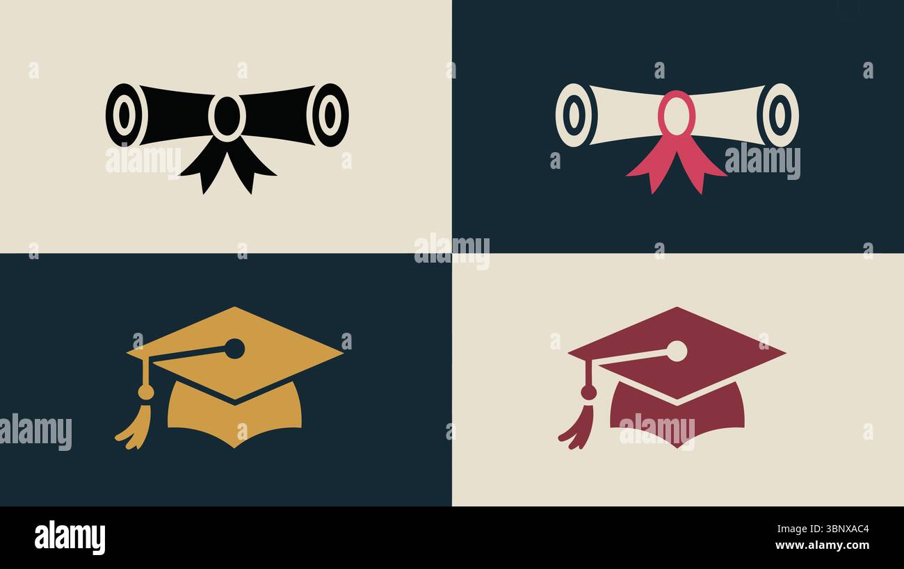 Graduierungskappe und Diplom-Symbol in verschiedenen Stilen und Farben Stock Vektor