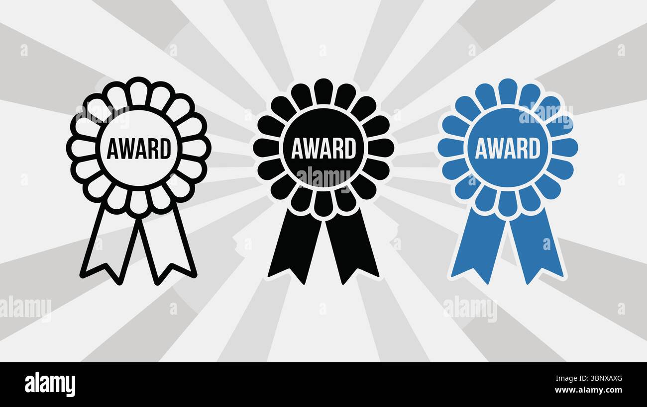 Auszeichnungen mit Symbolen in Umrissen, Schwarz und Blau mit Band und Starburst Hintergrund Stock Vektor