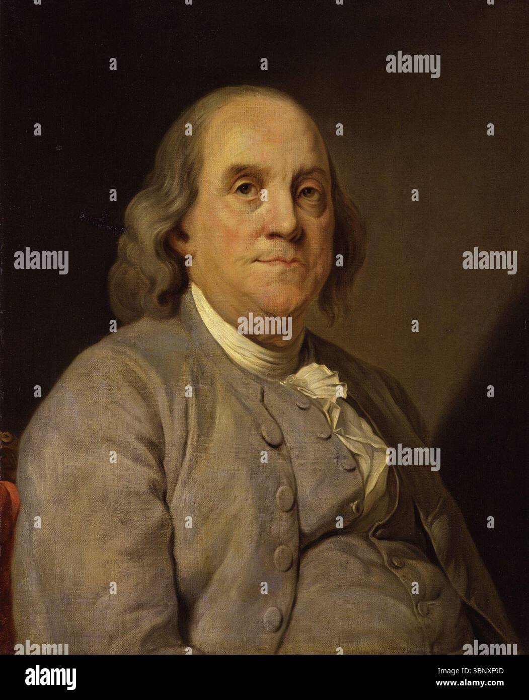 Porträt von Benjamin Franklin nach Joseph-Siffred Duplessis, gemalt zwischen 1778 und 1783. Öl auf Leinwand zeigt Franklin in einem glatten, geknöpften Mantel und weißer Krawatte vor neutralem Hintergrund. Stockfoto
