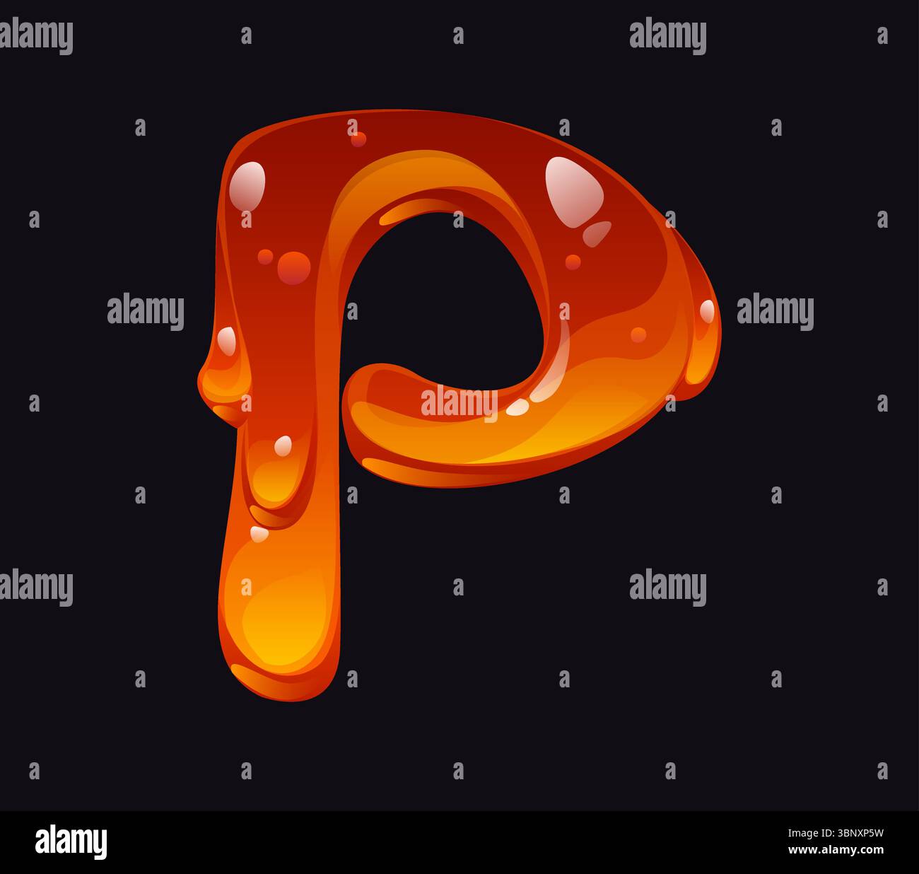 Leckere Honigcartoon Schriftart Buchstabe P. leckere Süßigkeiten Zeichentrick Schriftart Zeichen, süße Karamell Vektor Schriftart Element. Gelber, gelber, gelber Buchstabe des Typs „Flow ABC“ oder englisches Alphabet für Flüssighonig Stock Vektor