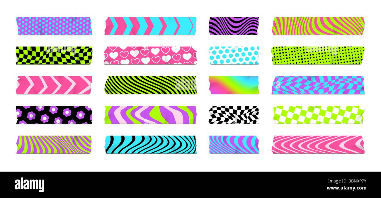 Klebefarbe Y2K Washi Tape Stücke von Scrapbook Papier Scotch mit Mustern, Vektoraufkleber Elemente. Washi Tape Klebeband Streifen Streifen Band von Rahmenstreifen mit Y2K Muster von Blumen und Herzen Stock Vektor