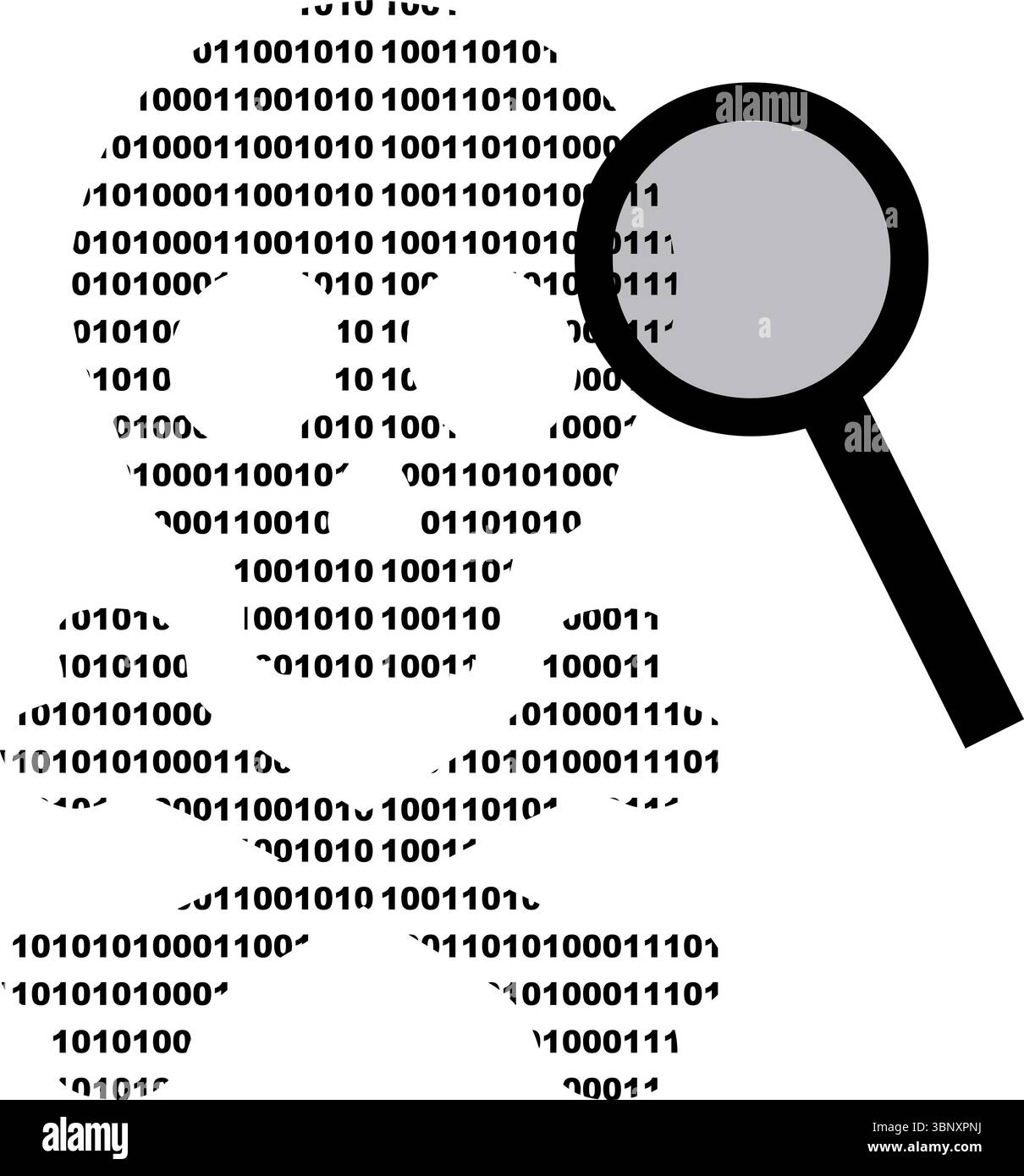 Vergrößerungsglas mit schwarzem Symbol und Schädel mit binärem Code-Nummernsystem im Konzept der Analyse und Suche nach Computerviren Stock Vektor