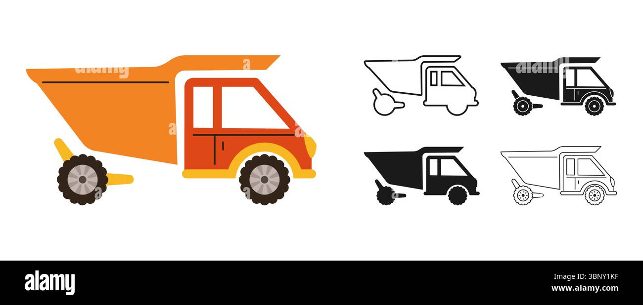 Cartoon-Set mit Symbol für LKW-LKW-Symbole. Handgezeichnetes Farmers-Lkw-Auto im Retro-Stil in verschiedenen Stilen, farbige Silhouette Outline Kollektion. Einfache lustige Auto Transport Comic Icon Vektor Illustration Stock Vektor