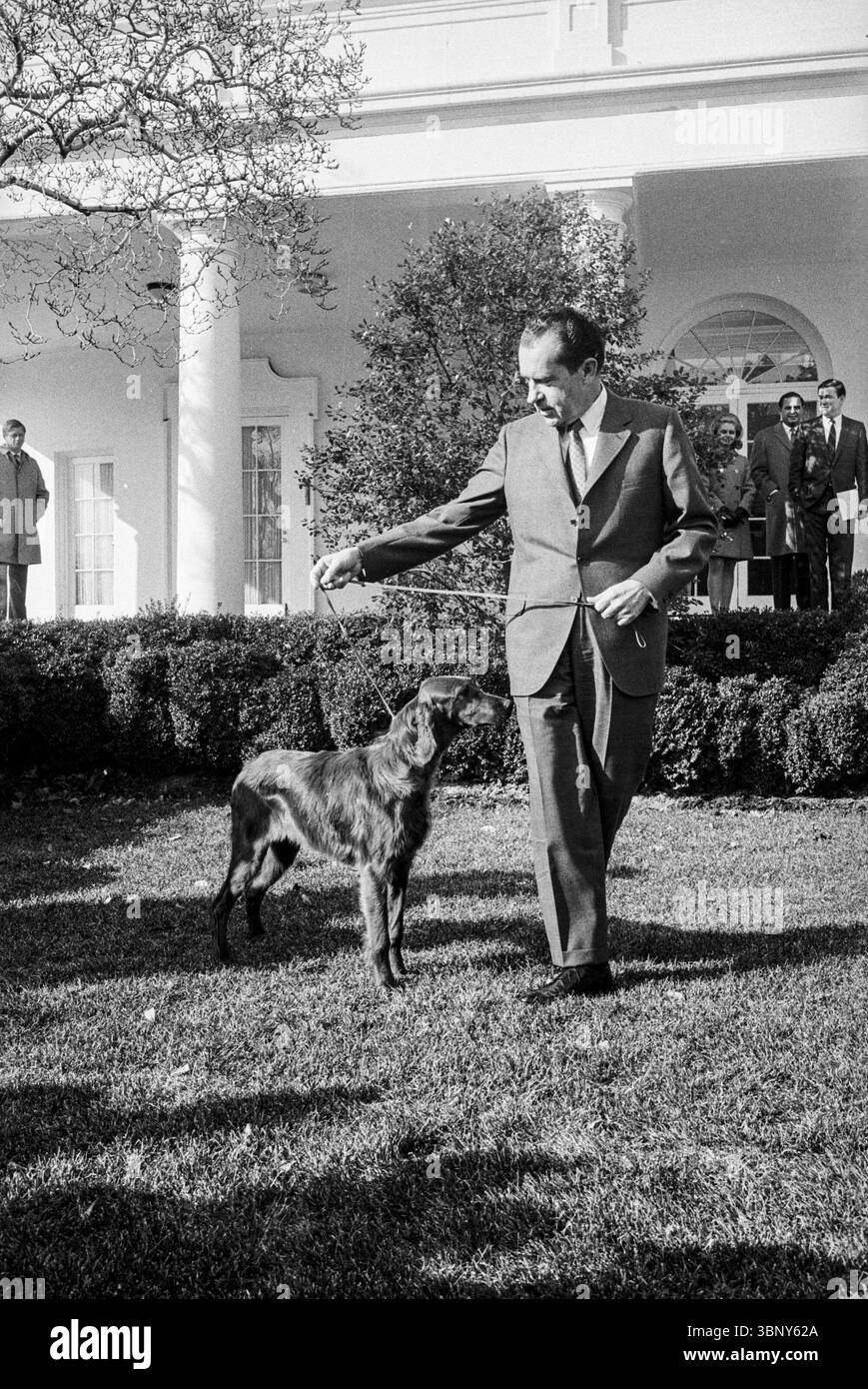 Foto von Präsident Richard Nixon mit König Timahoe, seinem neuen irischen Setter, auf dem Rasen des Weißen Hauses, 28. Januar 1969. Eine kleine Gruppe von Zuschauern steht im Hintergrund, als Nixon stolz den Hund vorstellt, der ihm von seinem Stab geschenkt wurde, und symbolisiert die Verbundenheit und Wärme innerhalb des Präsidentenhaushaltes. Stockfoto