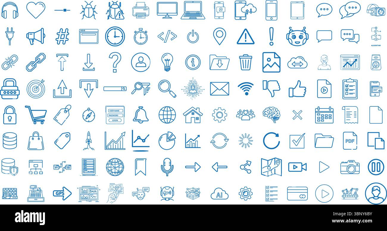 100 Blue Line Web-Symbole – Website-Entwicklung, digitale Tools, UX/UI, Hosting, SEO, Vektorsatz für Cloud-Services, Codierung und Online-Schnittstellendesign Stock Vektor
