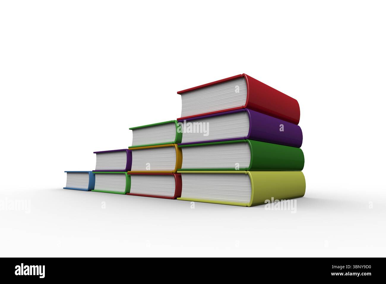 Flaches Design mit farbigen Hardcover-Büchern, die auf einer aufsteigenden Treppe auf einem reflektierenden weißen Tisch stapeln Stockfoto