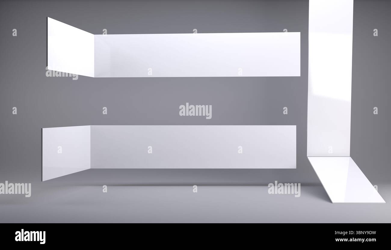 Weiße geometrische Ebenen schweben im minimalistischen, grauen Studio-Raum und bilden eine L-förmige Komposition Stockfoto