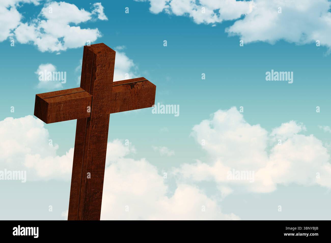 Braunes Holzkreuz steht in flachem Stil unter teilweise bewölktem blauen Himmel mit sichtbarer Körnung Stockfoto