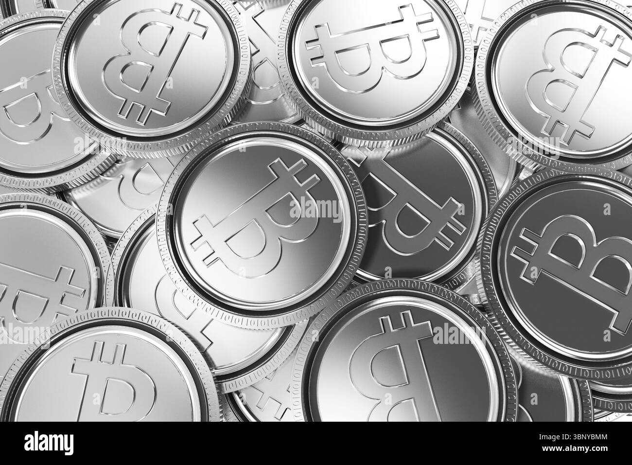 Mehrere silberne Bitcoin-Münzen bilden Makromuster im 3D-Renderdesign Stockfoto