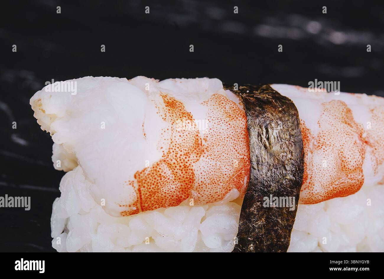 Food Stillleben, japanisches Nigiri EBI Sushi mit schwarzen Tigergarnelen und Reis Stockfoto