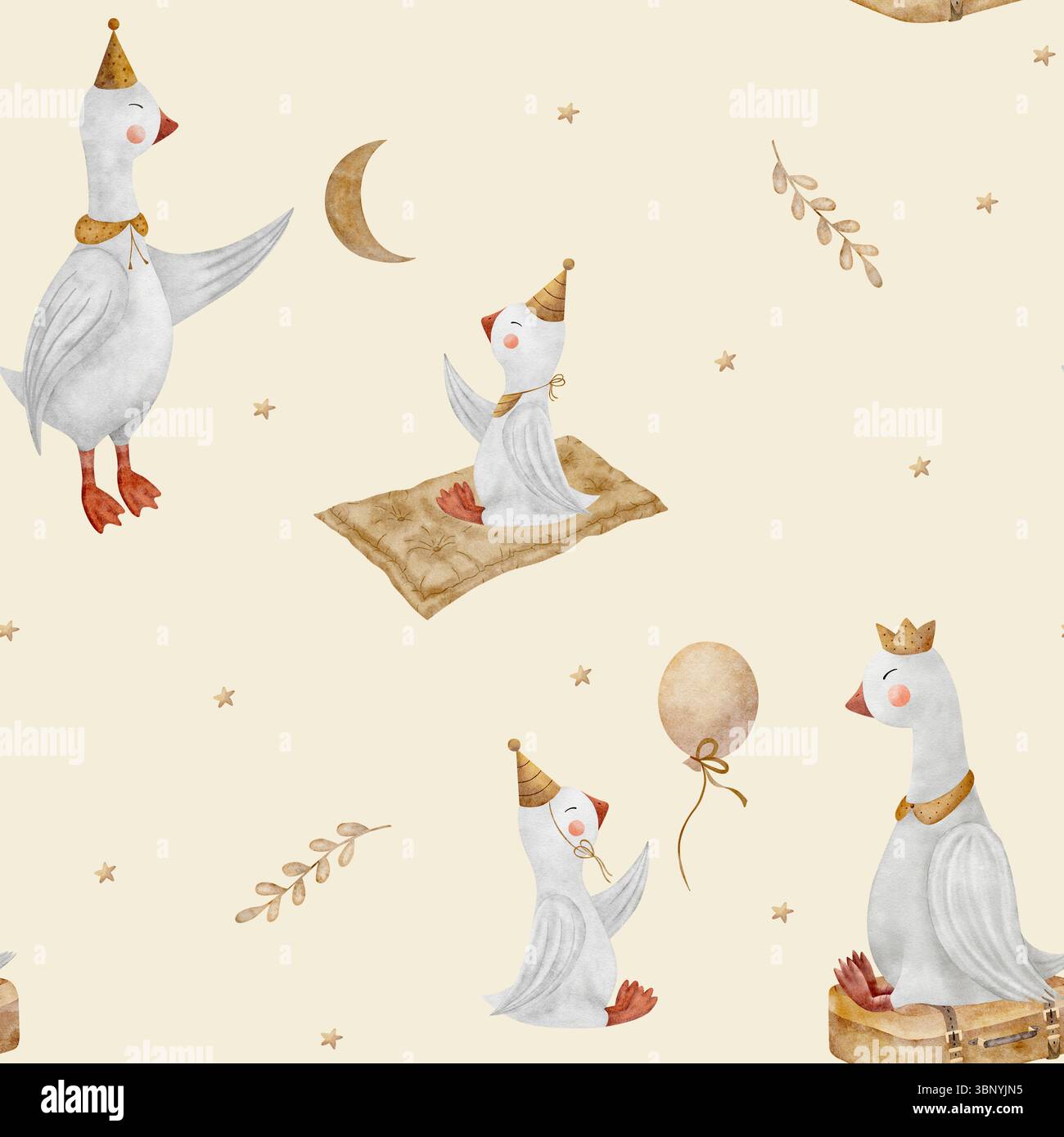 Muster Aquarell Illustration Gänse Familie, Baby fängt die Sterne Mond. Gänse im Vintage-Stil. Nahtloser Druck auf beigefarbenem Hintergrund für Stockfoto