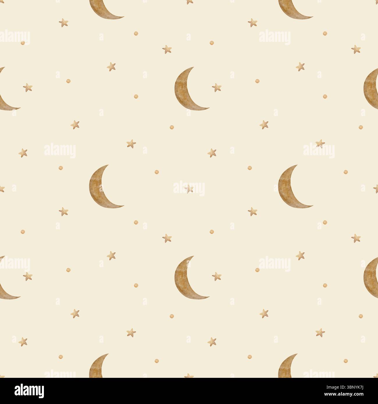Beigefarbener Mond im Retro-Stil mit nahtlosem Muster zwischen braunen Sternen. Aquarellillustration handgezeichnet im Kinderstil, einfacher Druck auf beigefarbenem Hintergrund für Stockfoto