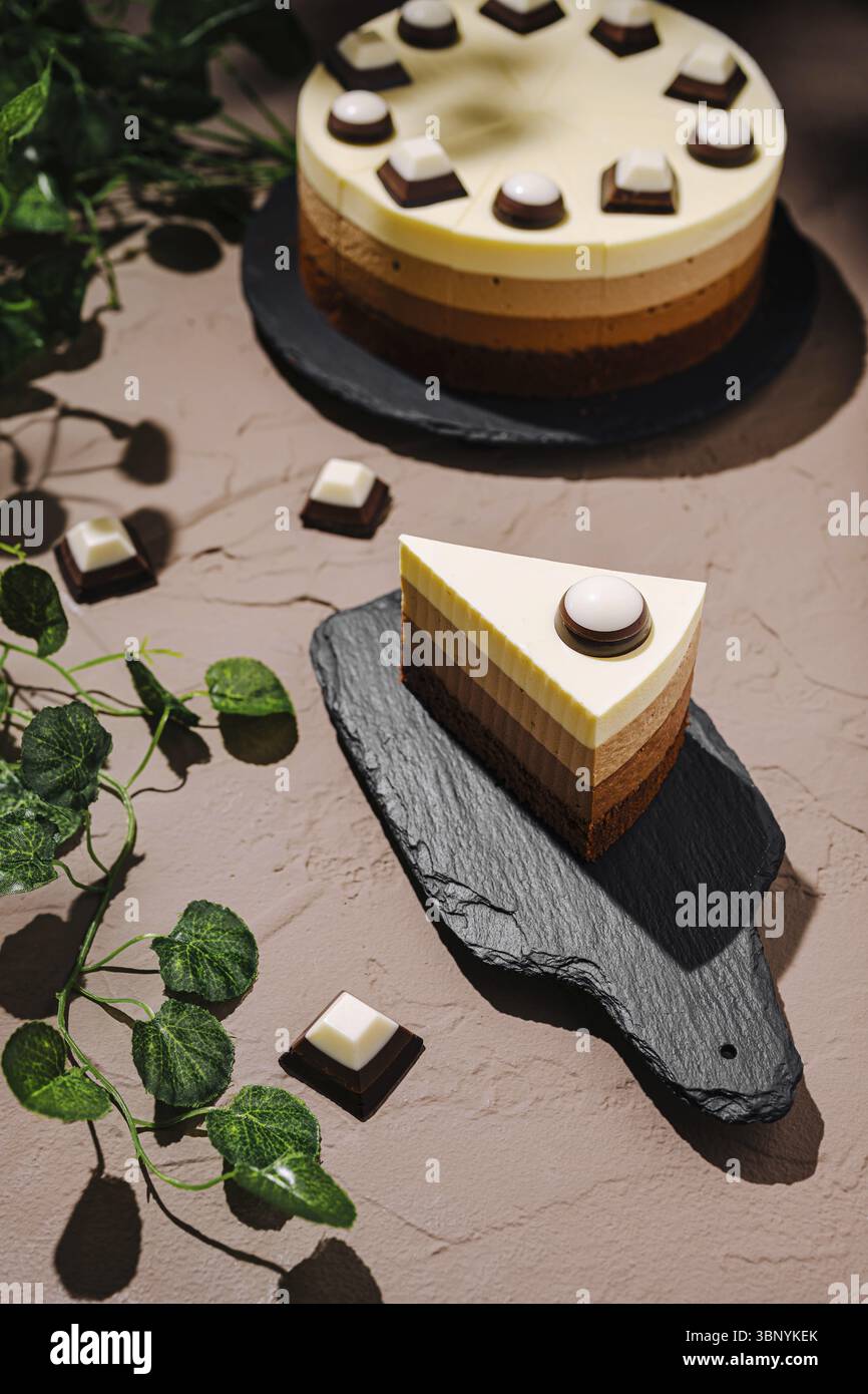 Food still-Life, Ein wunderschön gefertigtes Dessert mit Schichten Schokolade und Creme, elegant auf strukturierten Oberflächen angeordnet, umgeben von Grün Stockfoto