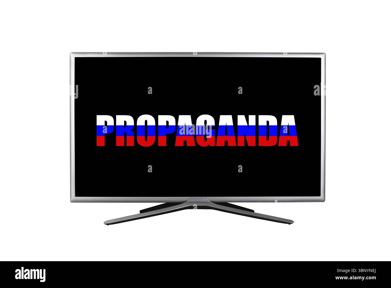 Die Inschrift Propaganda in den Farben der russischen Flagge auf einem schwarzen Fernsehbildschirm isoliert auf weißem Hintergrund Stockfoto