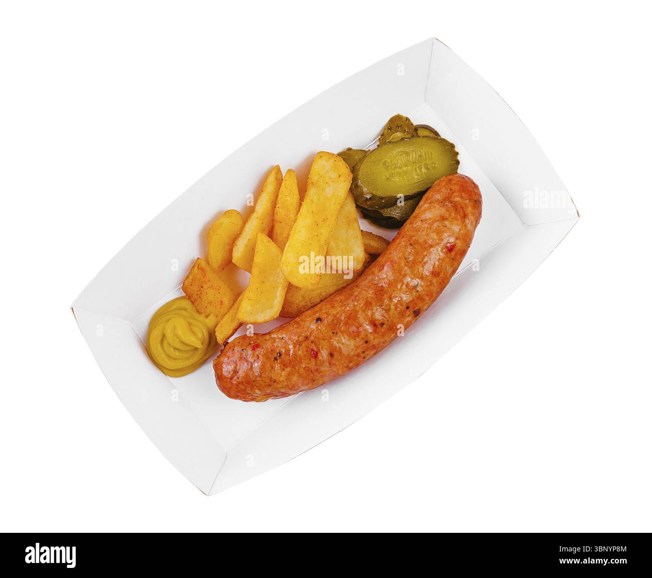 Essen Stillleben, gebratene Wurst mit Kartoffeln und Senf von oben Stockfoto