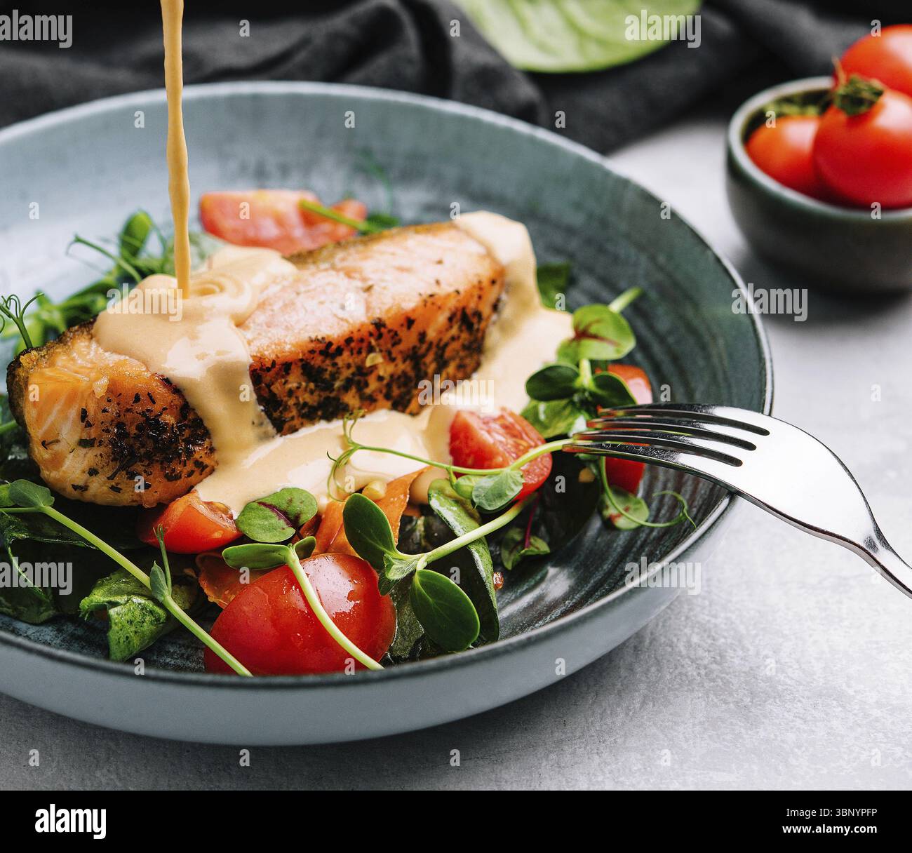 Stillleben, gegrillter Lachs mit Gemüse und Sauerrahmsauce Stockfoto