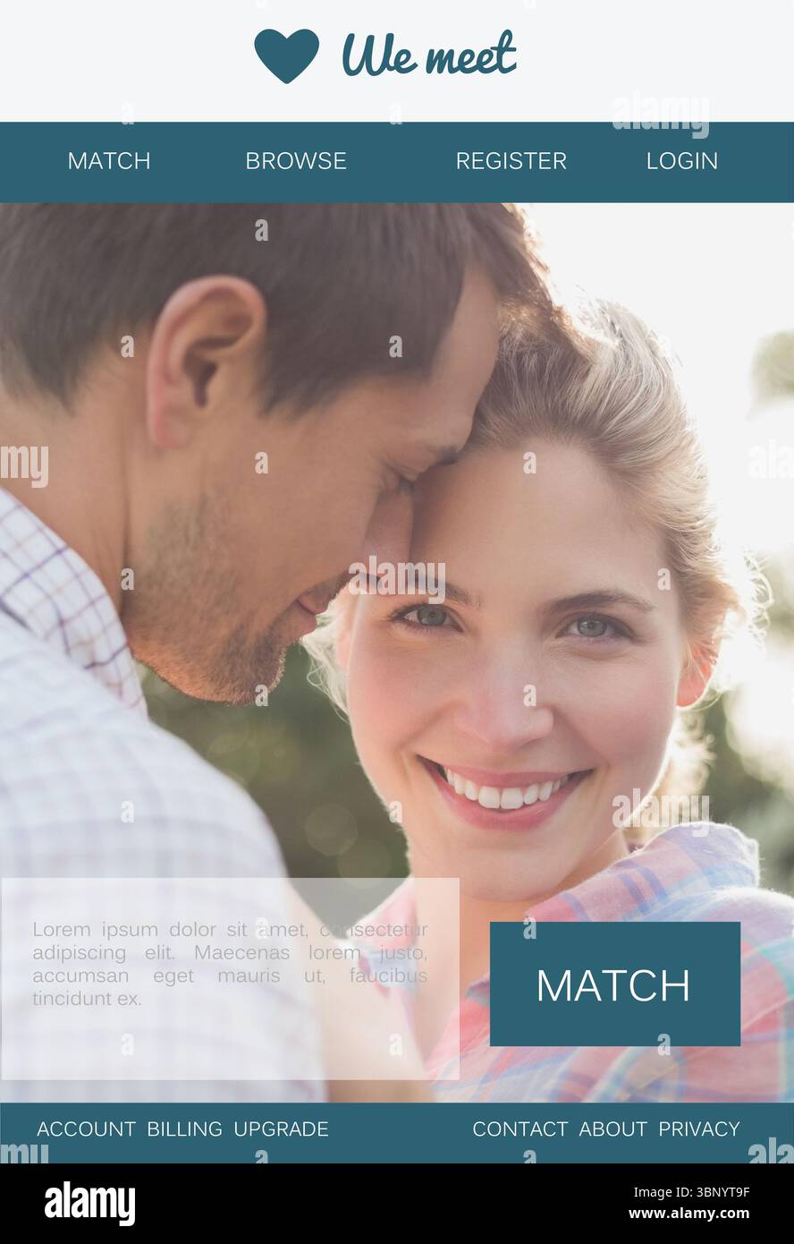 Das Paar wird in flacher Landingpage mit Herzlogo und Match-Knopf gezeigt Stockfoto
